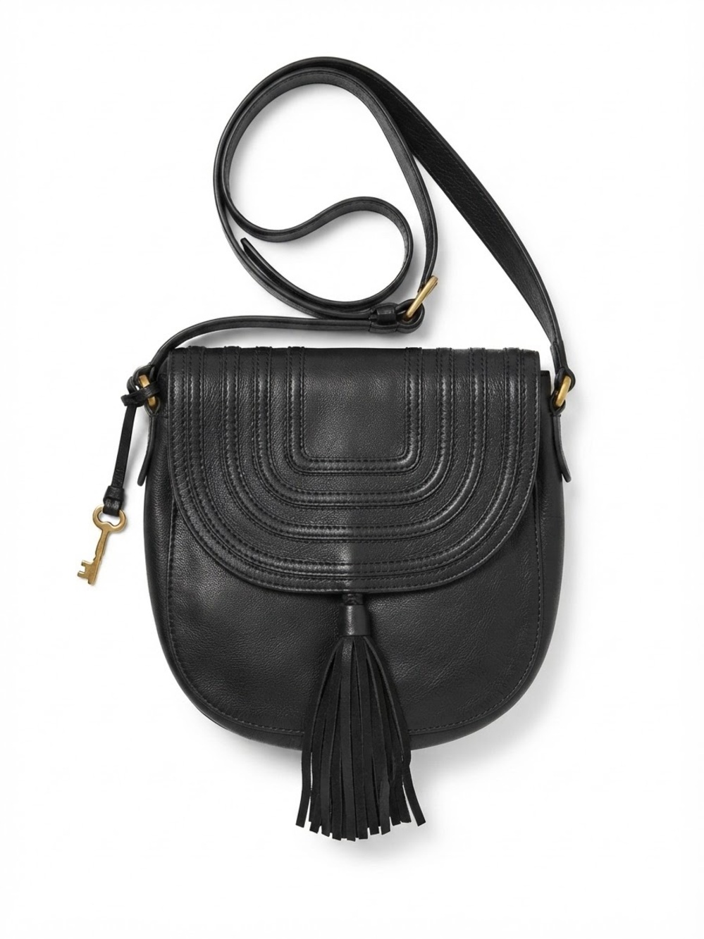 FOSSIL Black Leather Crossbody with Tassel and Key